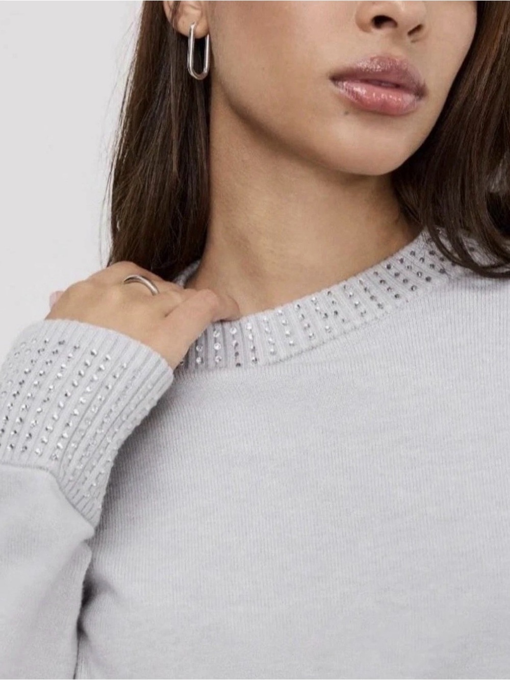 NWT Good American Light Gray Crystal Embellished Crewneck Sweater Size 3XL